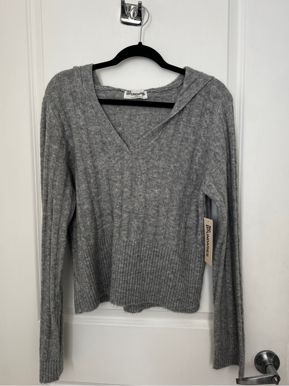 No Boundaries Gray V-Neck Cable Knit Hooded Sweater